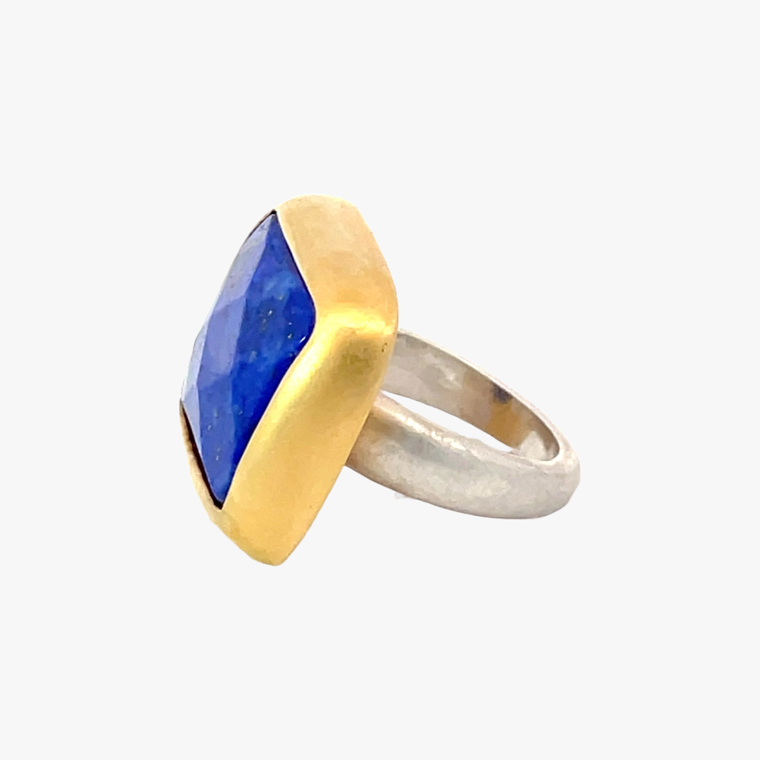 Lapislazuli Ring 20x15mm eckig facettiert Sterling Silber & Gold Vermeil Monika Herré