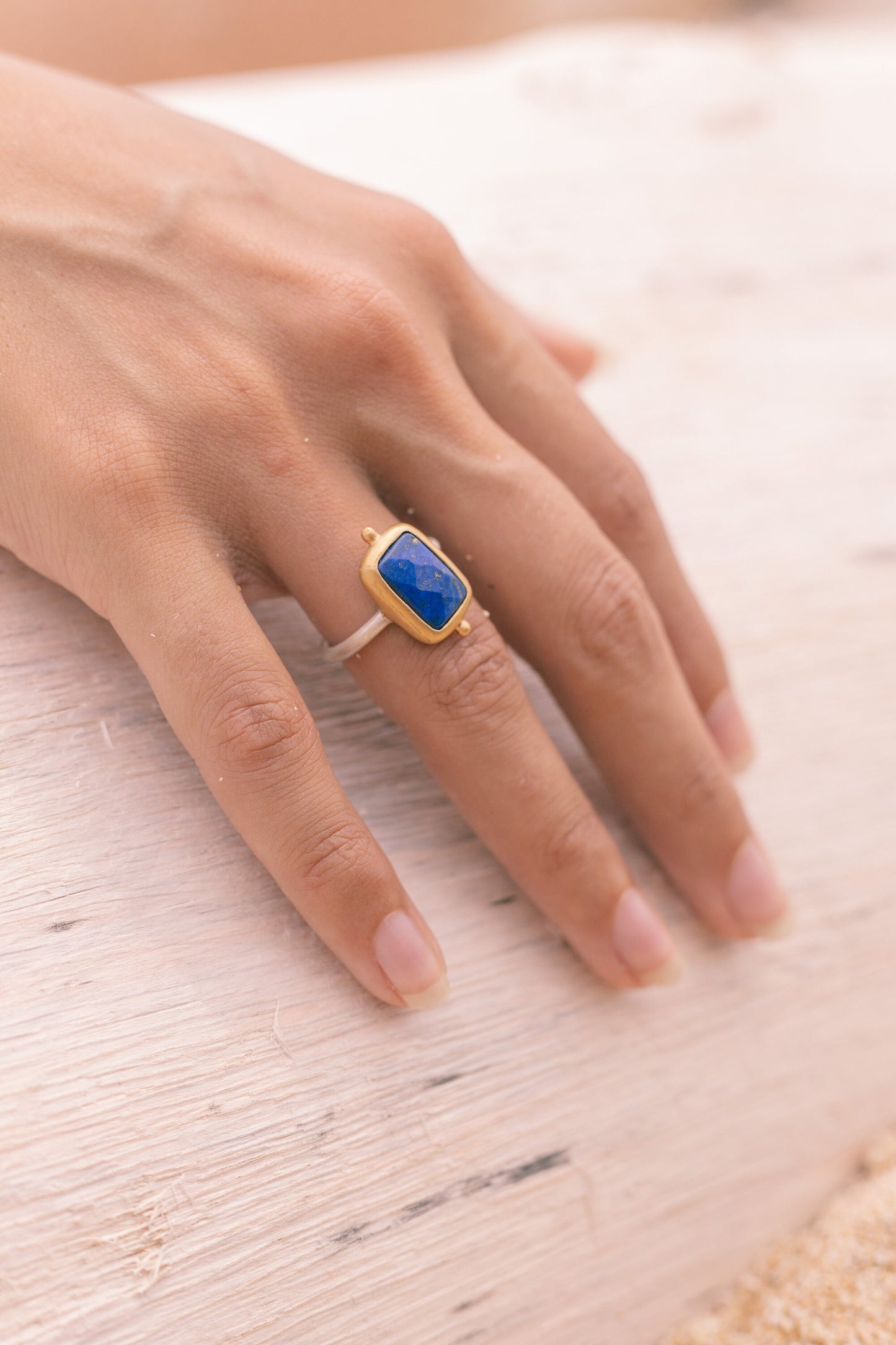 gold Lapislazuli Ring, handmade artisanal Sterling silver ring with a thick gold-plating, goddess Lapis Lazuli jewelry