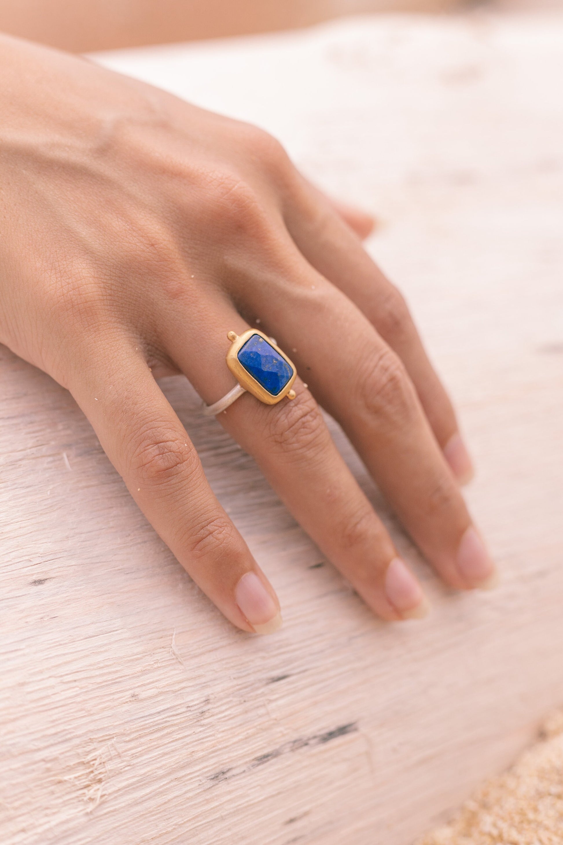 gold Lapislazuli Ring, handmade artisanal Sterling silver ring with a thick gold-plating, goddess Lapis Lazuli jewelry