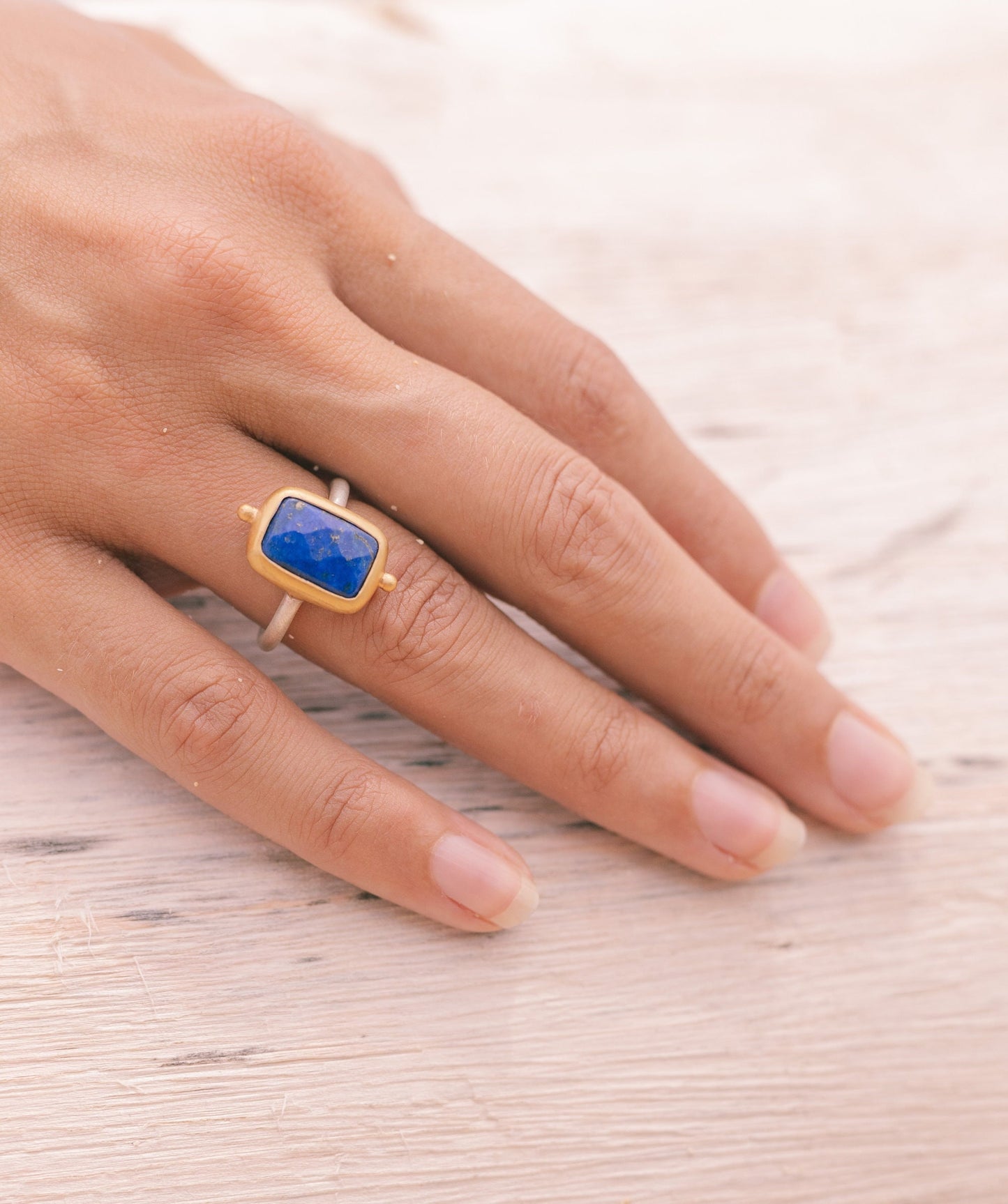 gold Lapislazuli Ring, handmade artisanal Sterling silver ring with a thick gold-plating, goddess Lapis Lazuli jewelry