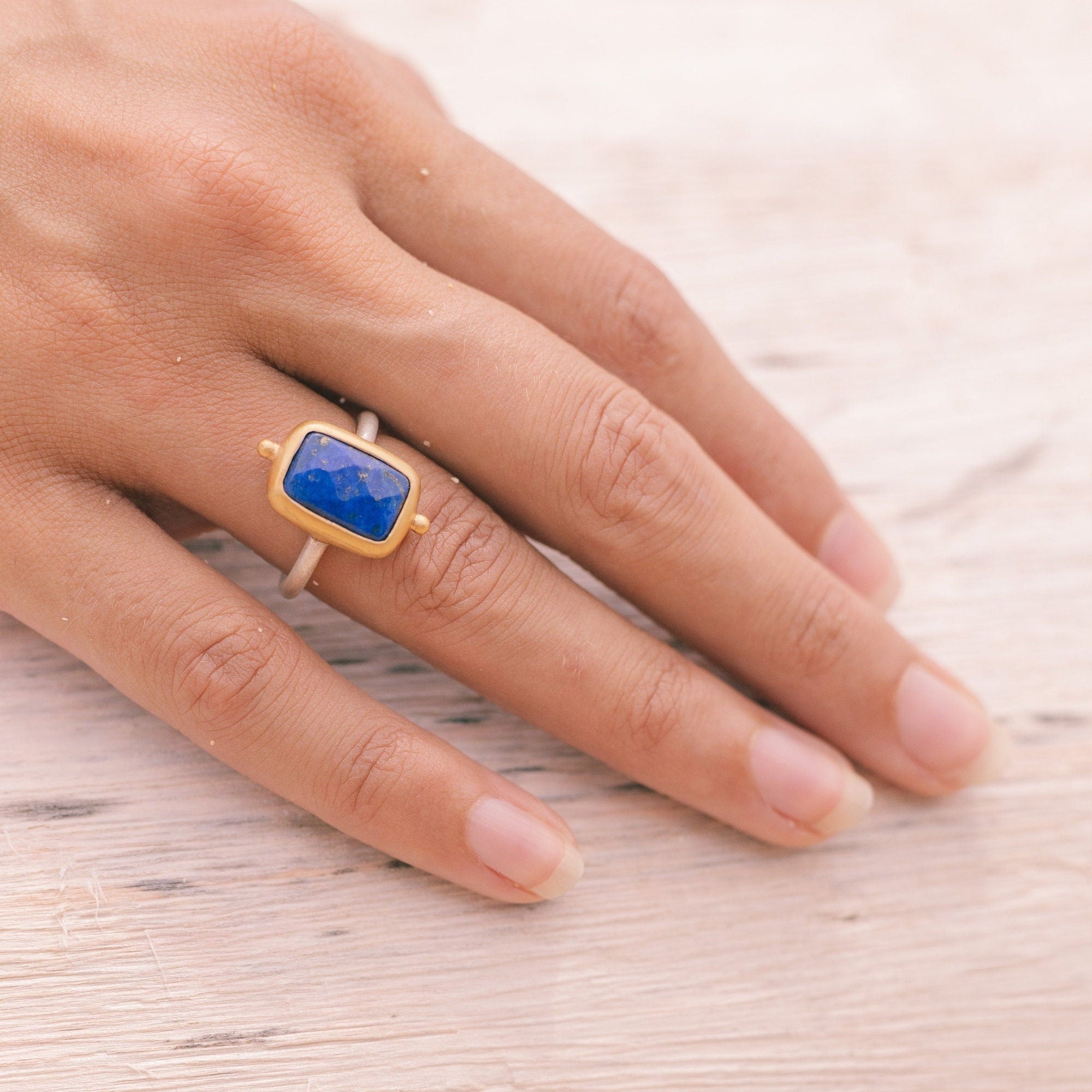 gold Lapislazuli Ring, handmade artisanal Sterling silver ring with a thick gold-plating, goddess Lapis Lazuli jewelry