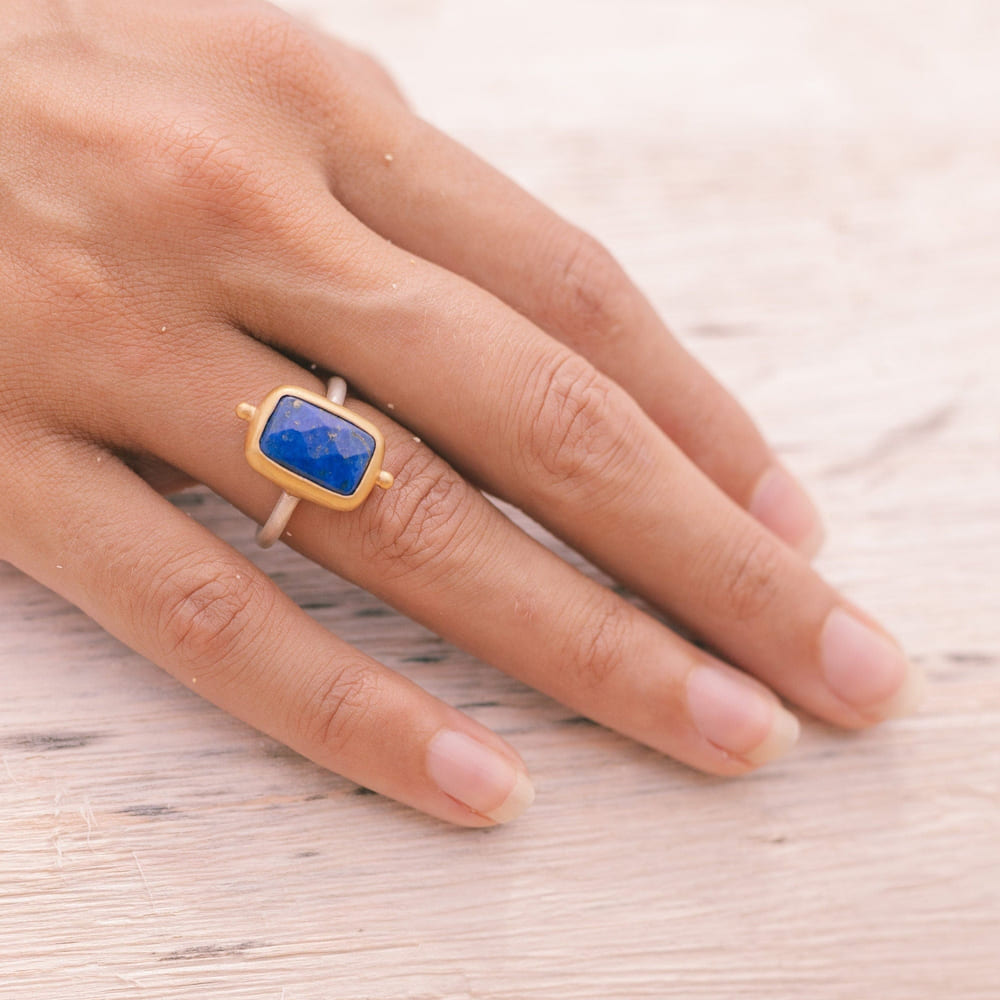gold Lapislazuli Ring, handmade artisanal Sterling silver ring with a thick gold-plating, goddess Lapis Lazuli jewelry