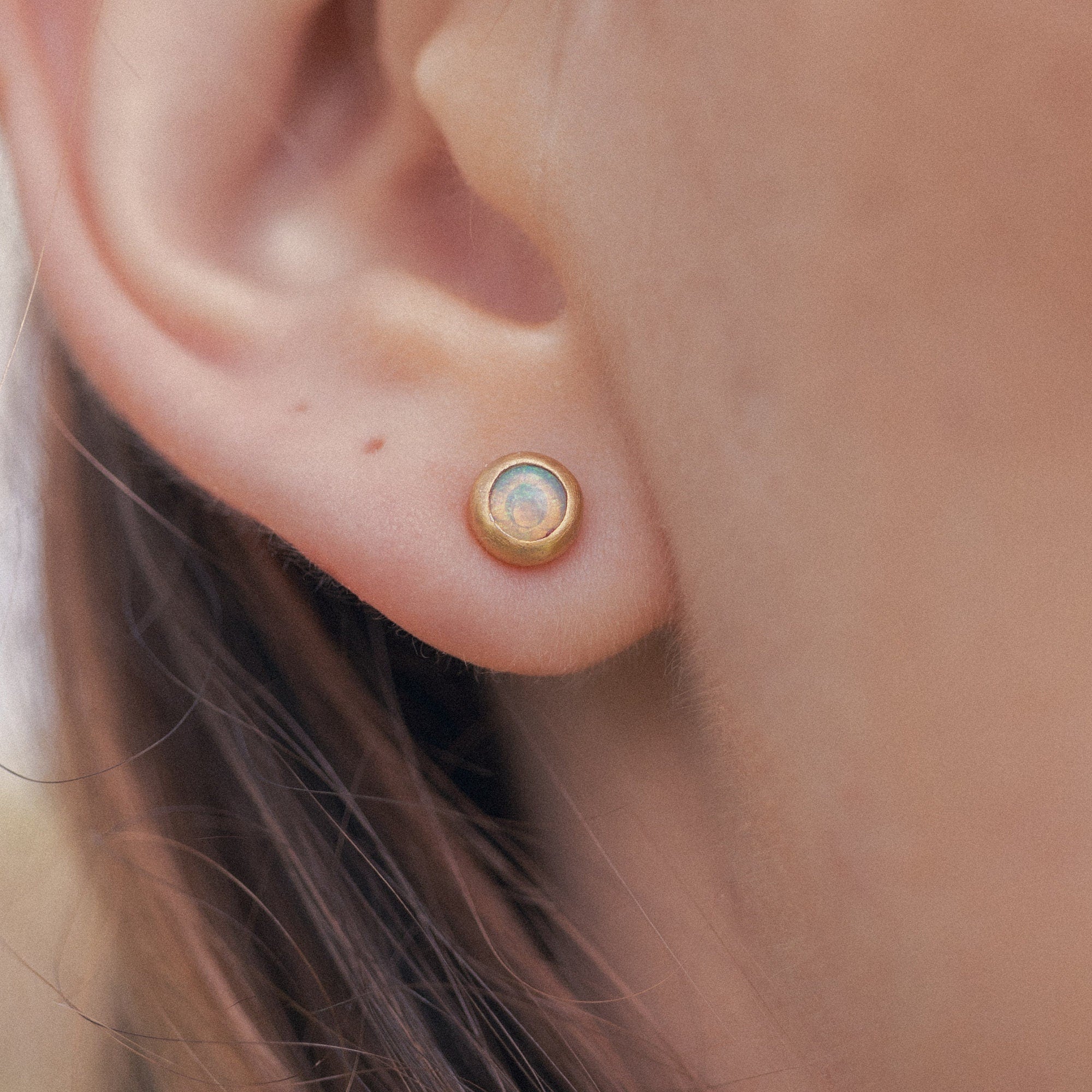 Australian opal stud earrings, fair-mined opals, handmade artisanal Sterling silver ear studs with a thick gold-plating