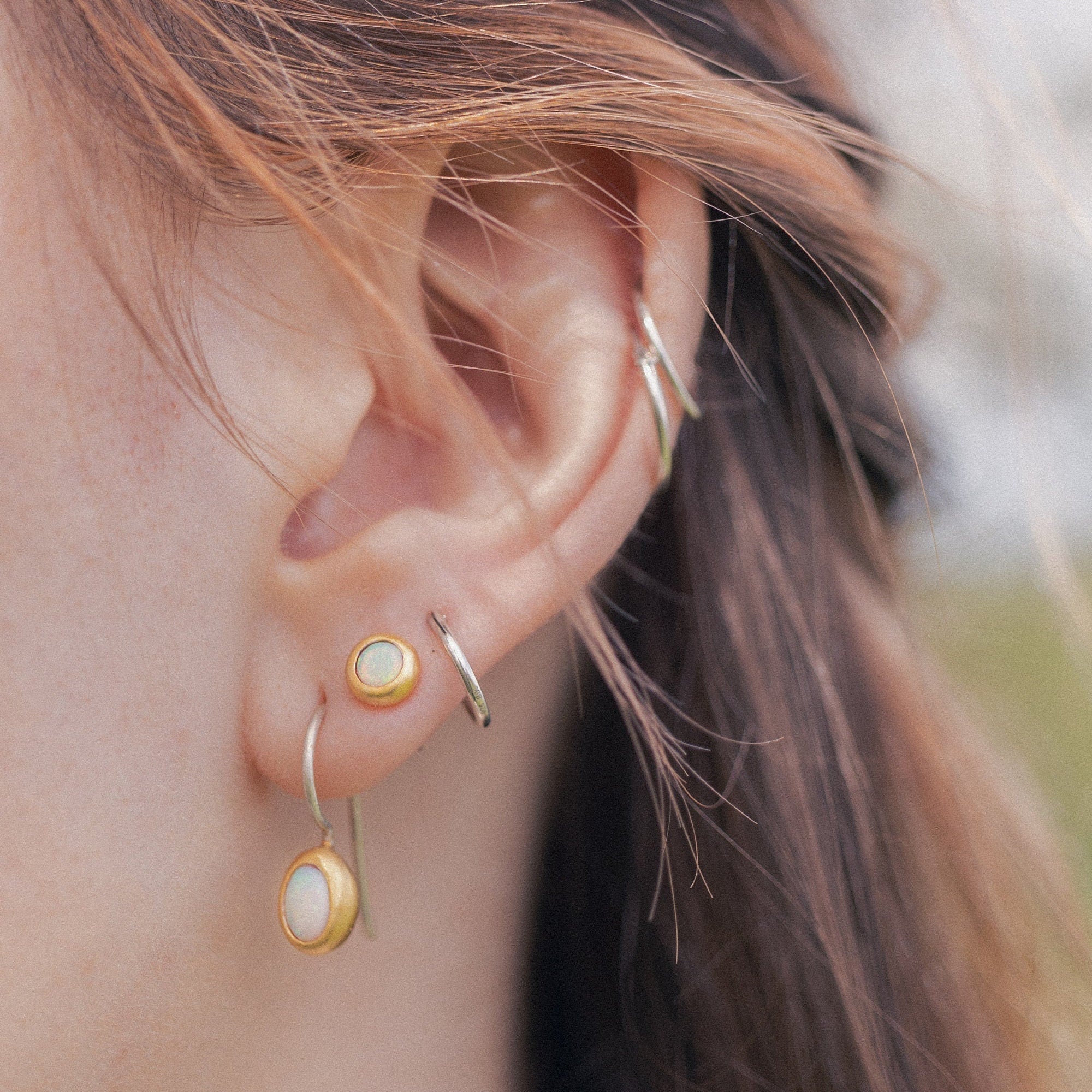 Australian opal stud earrings, fair-mined opals, handmade artisanal Sterling silver ear studs with a thick gold-plating