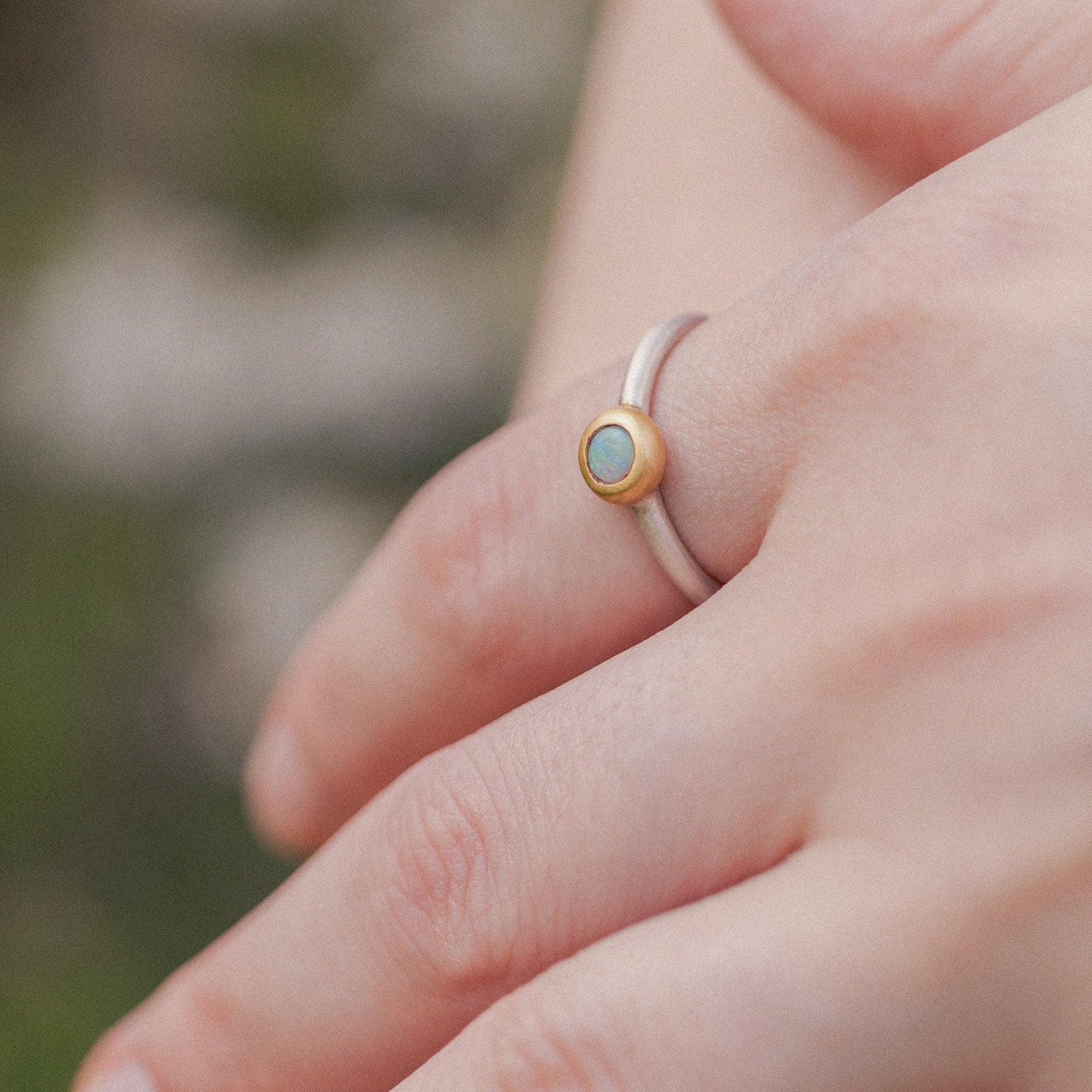 Australian opal ring, fair-mined opals, handmade artisanal Sterling silver ring with a thick gold-plating, high quality mixed metals jewelry