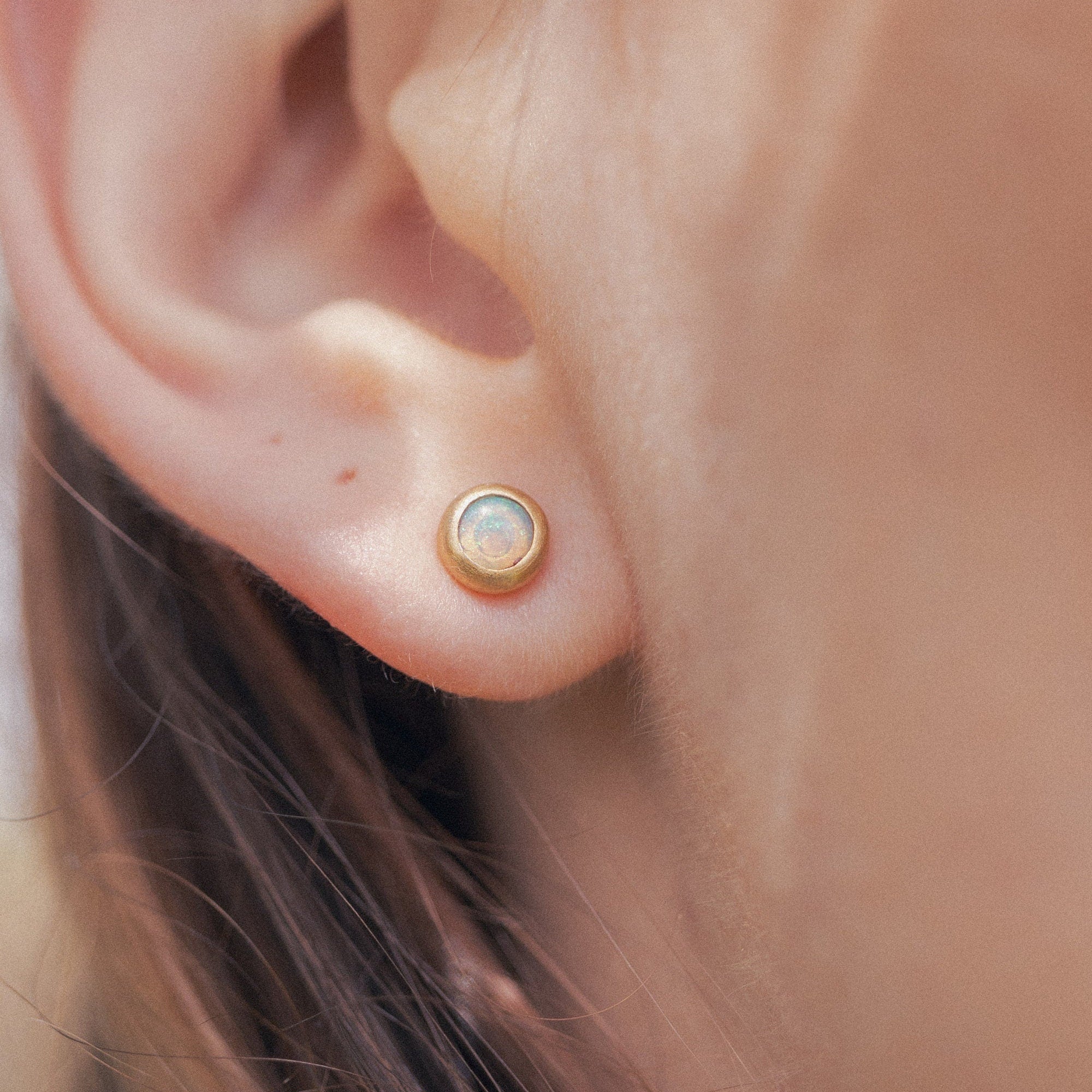 Australian opal stud earrings, fair-mined opals, handmade artisanal Sterling silver ear studs with a thick gold-plating