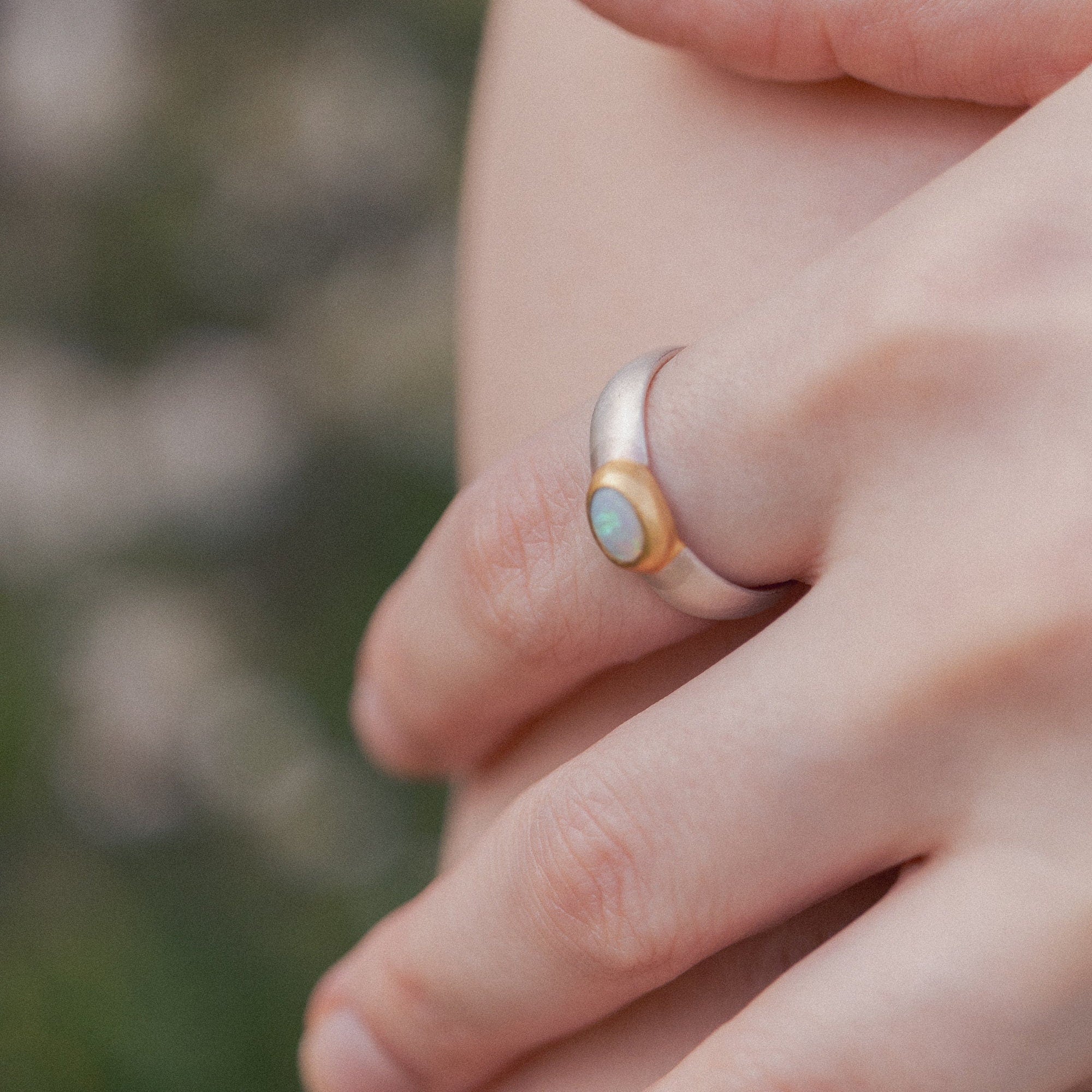 Australian opal ring, fair-mined opals, handmade artisanal Sterling silver ring with a thick gold-plating, high quality mixed metals jewelry