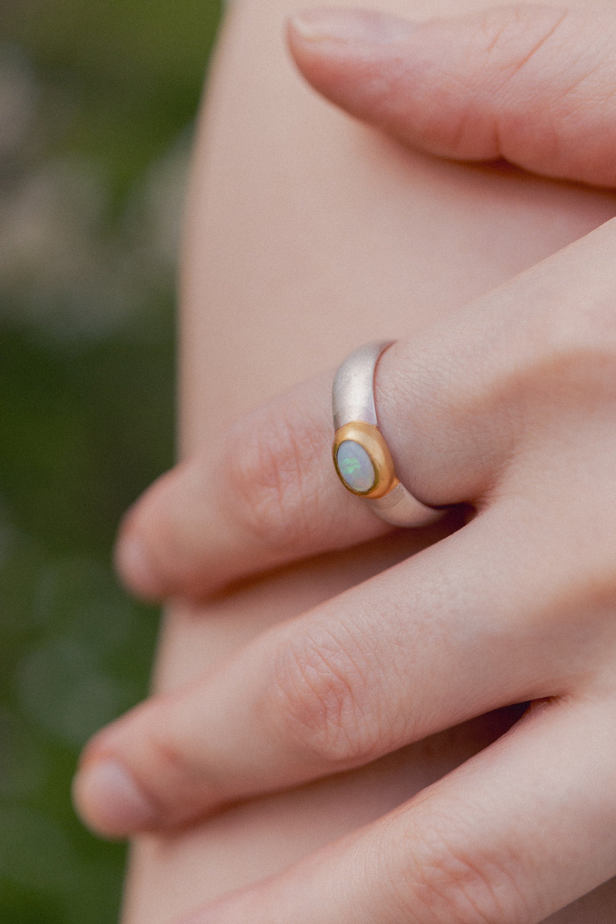 Australian opal ring, fair-mined opals, handmade artisanal Sterling silver ring with a thick gold-plating, high quality mixed metals jewelry