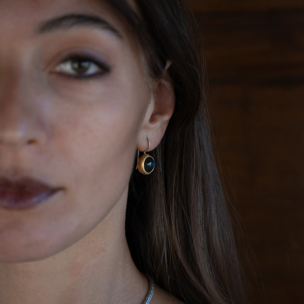 Dunkelblaue Labradorit Ohrhänger 10mm Rund Cabouchon Sterling Silber & Gold Vermeil