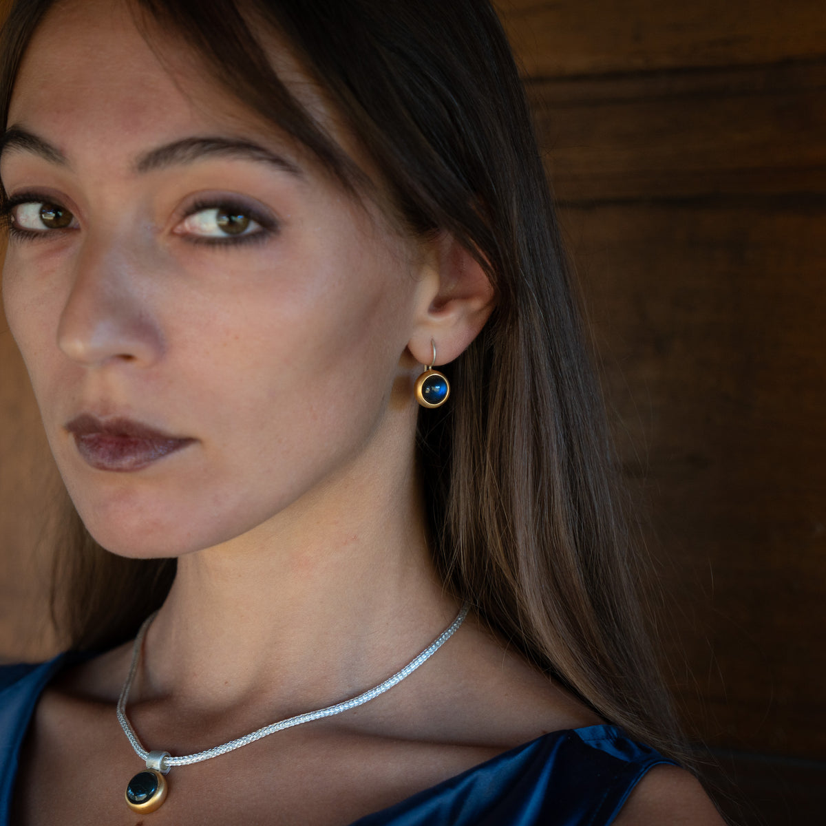 Dunkelblaue Labradorit Ohrhänger 10mm Rund Cabouchon Sterling Silber & Gold Vermeil