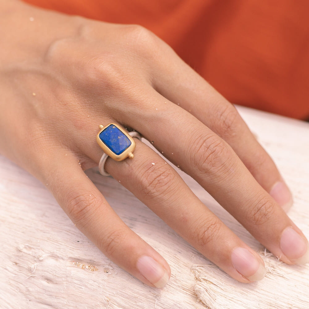 gold Lapislazuli Ring, handmade artisanal Sterling silver ring with a thick gold-plating, goddess Lapis Lazuli jewelry