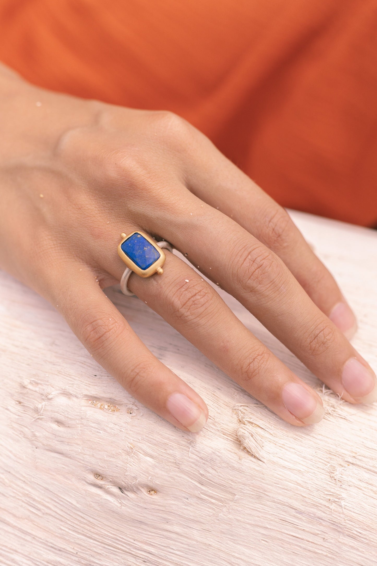 gold Lapislazuli Ring, handmade artisanal Sterling silver ring with a thick gold-plating, goddess Lapis Lazuli jewelry