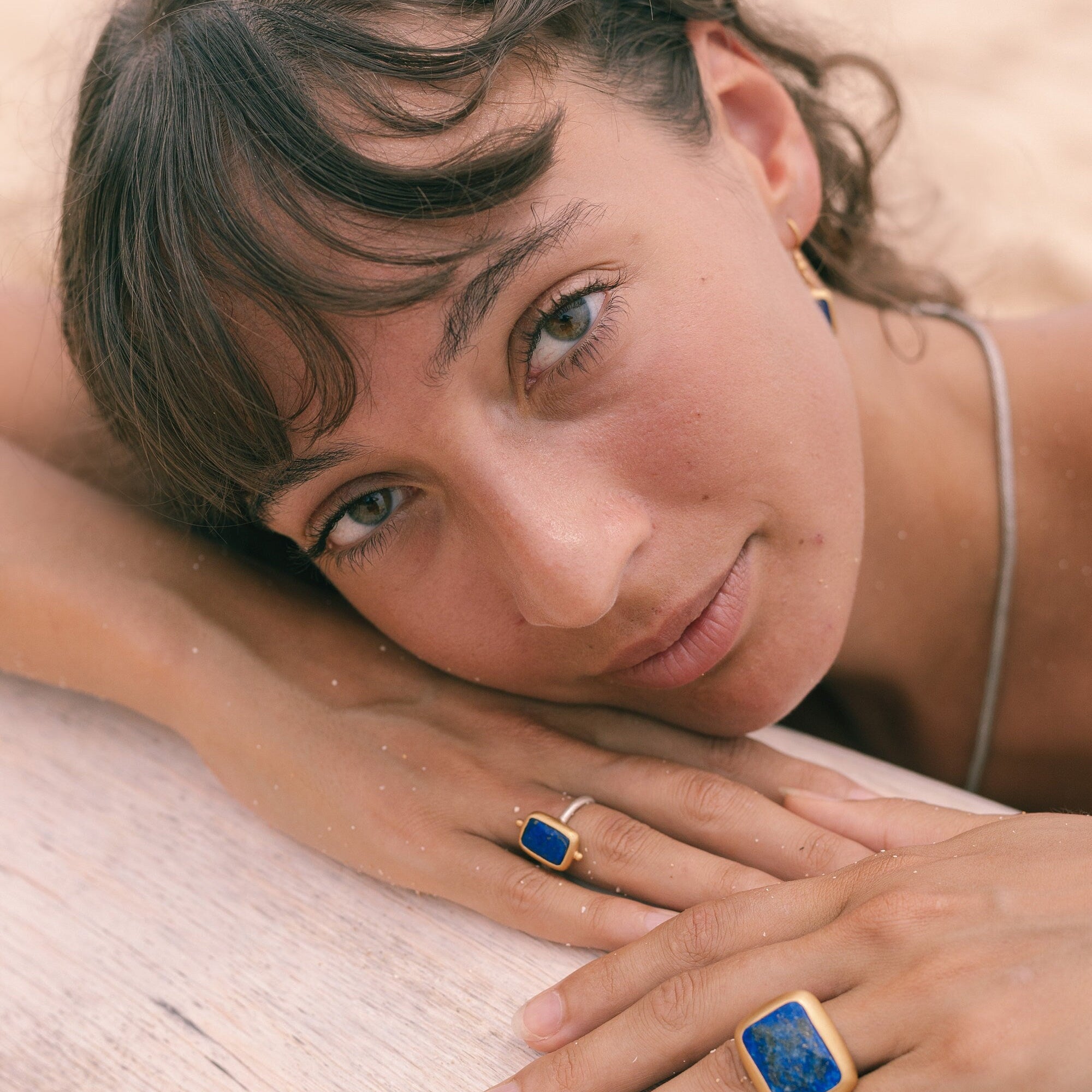 gold Lapislazuli Ring, handmade artisanal Sterling silver ring with a thick gold-plating, goddess Lapis Lazuli jewelry