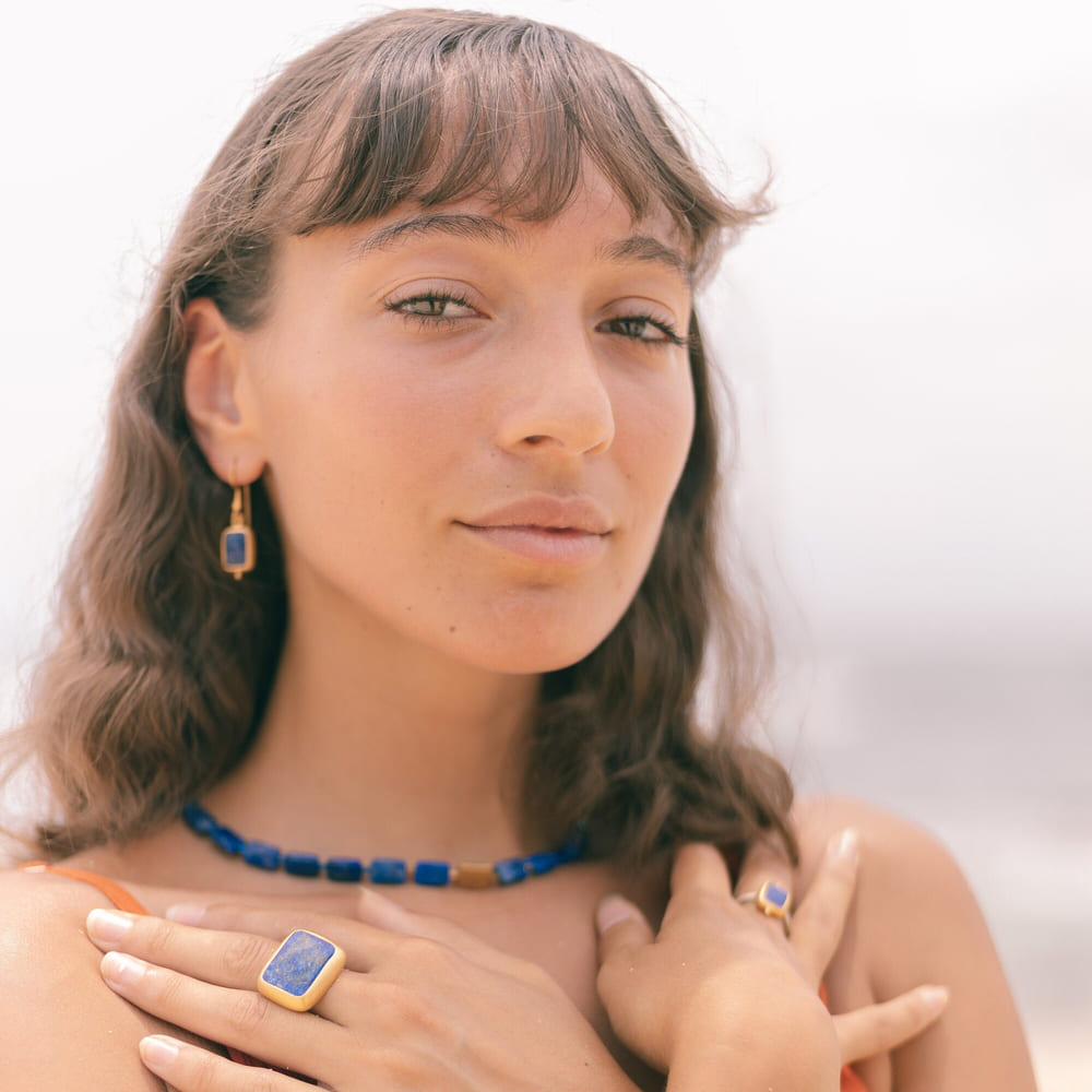 gold Lapislazuli Ring, handmade artisanal Sterling silver ring with a thick gold-plating, goddess Lapis Lazuli jewelry