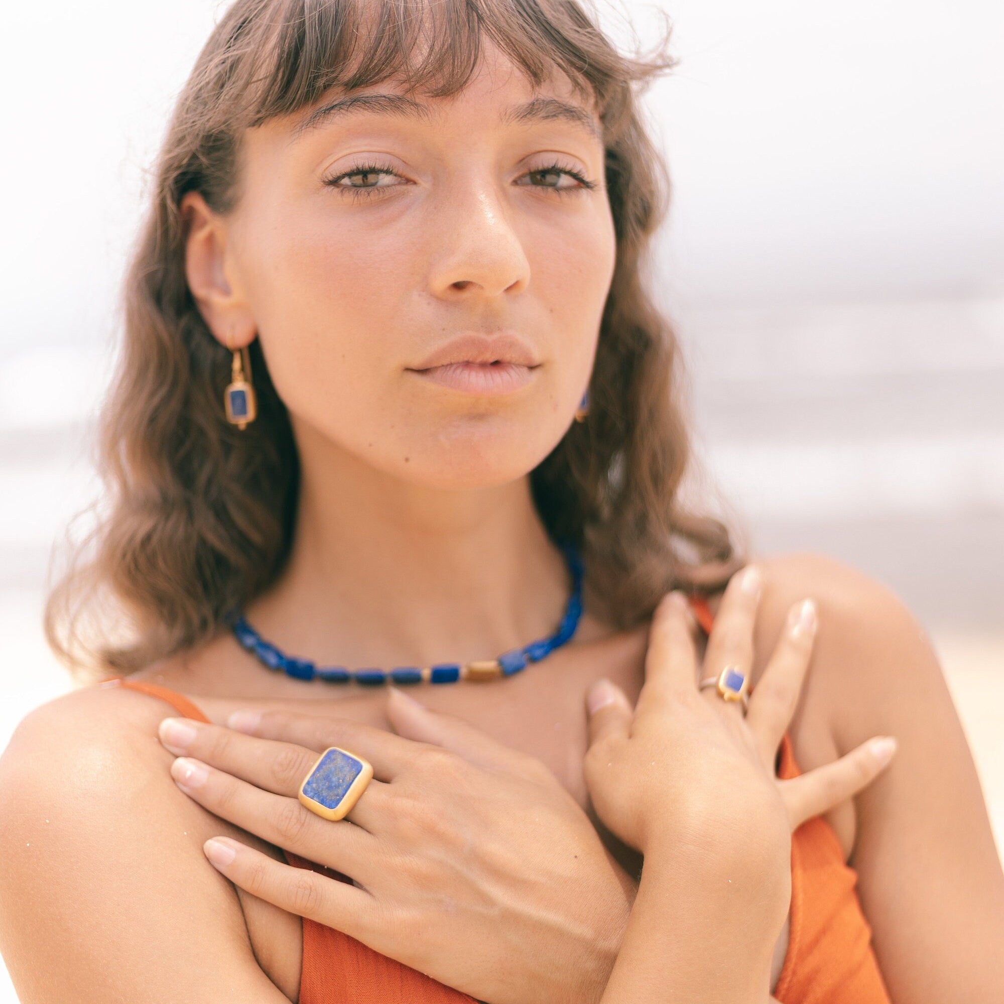 gold Lapislazuli Ring, handmade artisanal Sterling silver ring with a thick gold-plating, goddess Lapis Lazuli jewelry