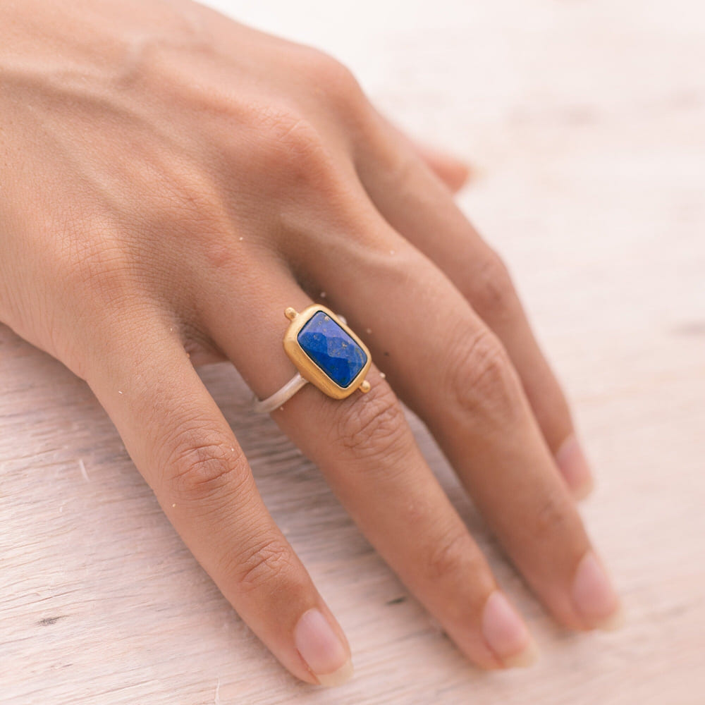 gold Lapislazuli Ring, handmade artisanal Sterling silver ring with a thick gold-plating, goddess Lapis Lazuli jewelry