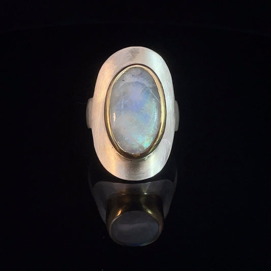Mondstein Ring | großer Statement-Ring mit Mondstein aus Sterling Silber mit vergoldetet Fassung | Größe 56