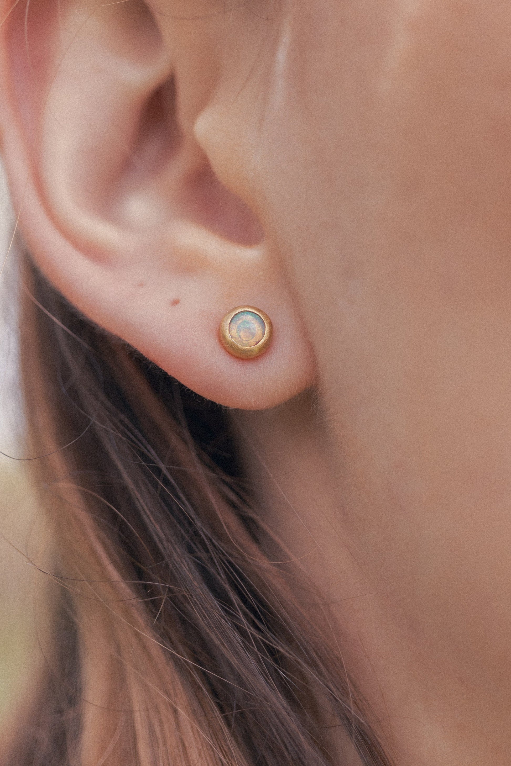 Australian opal stud earrings, fair-mined opals, handmade artisanal Sterling silver ear studs with a thick gold-plating