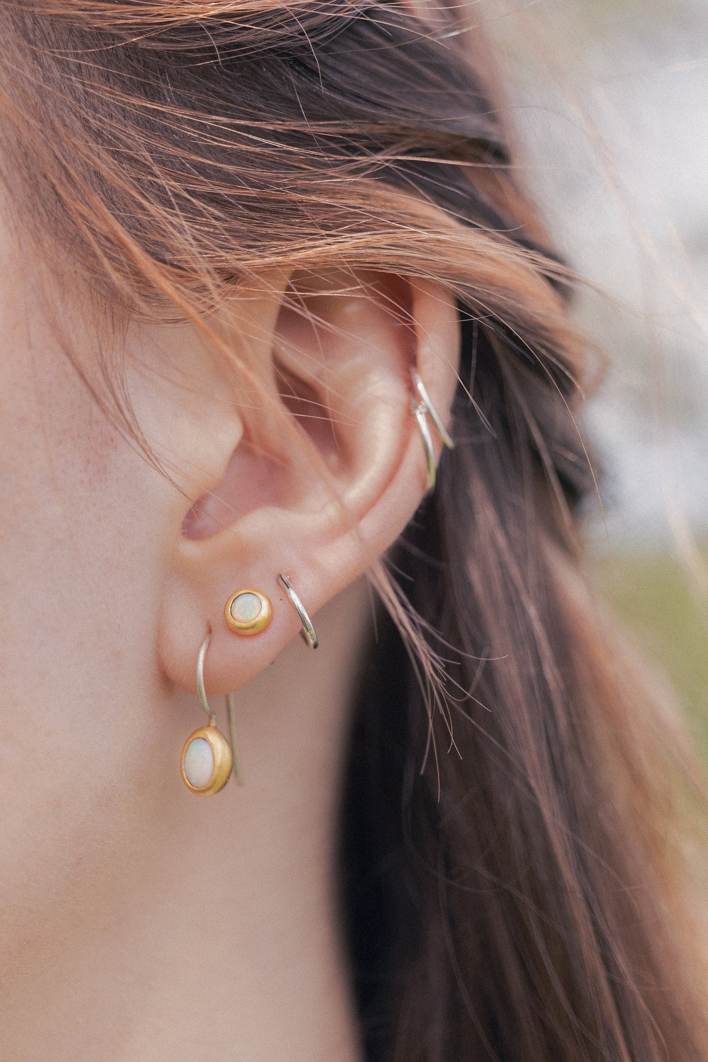 Australian opal stud earrings, fair-mined opals, handmade artisanal Sterling silver ear studs with a thick gold-plating