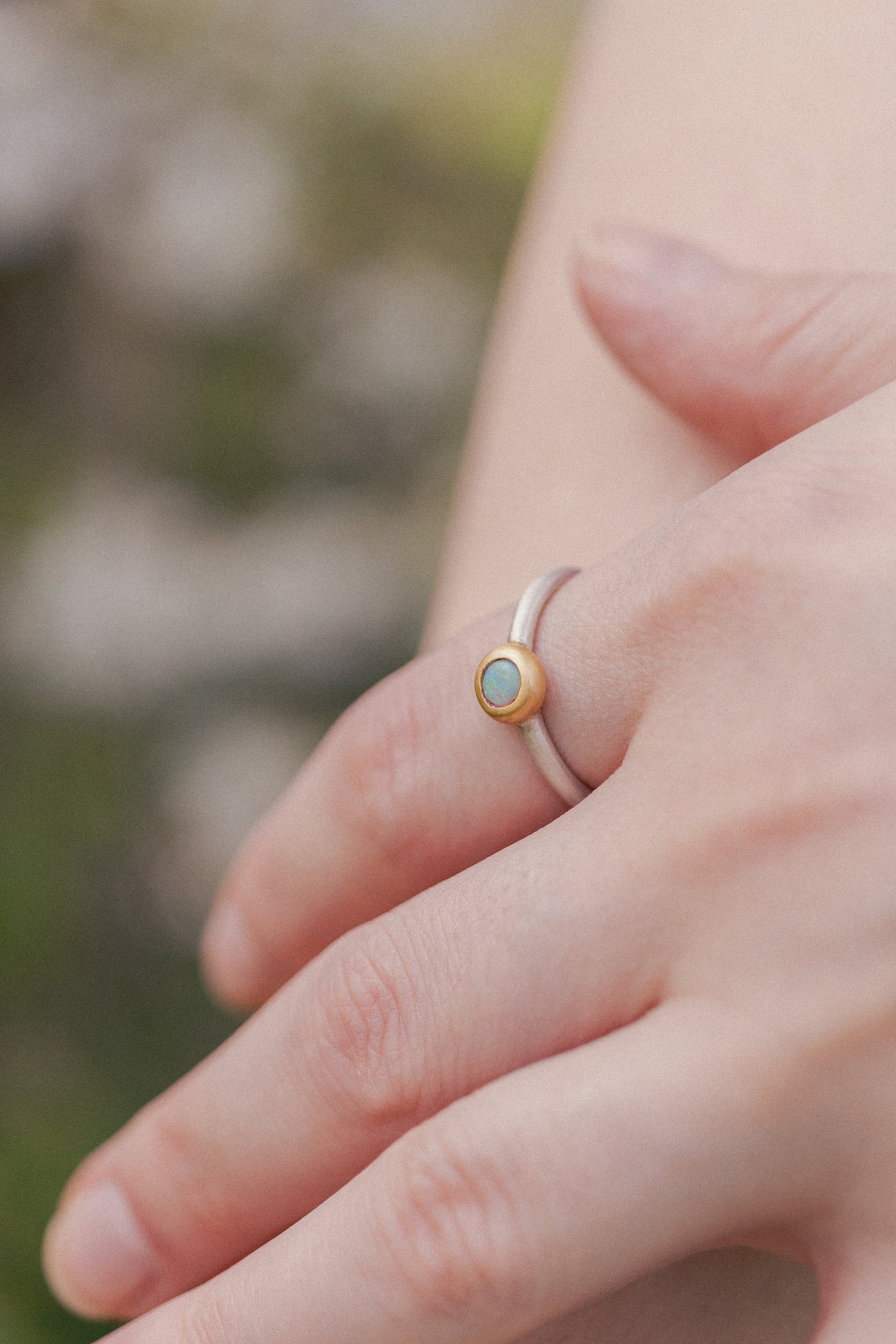 Australian opal ring, fair-mined opals, handmade artisanal Sterling silver ring with a thick gold-plating, high quality mixed metals jewelry