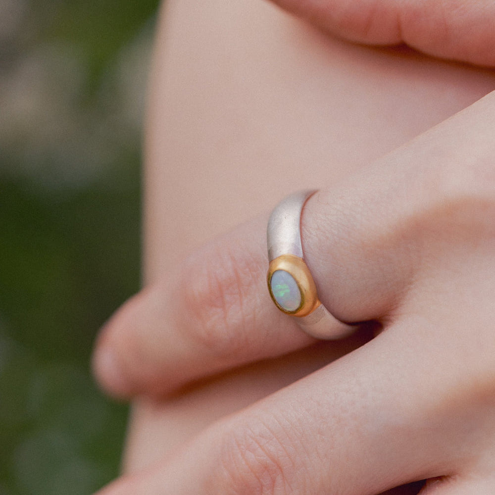 Australian opal ring, fair-mined opals, handmade artisanal Sterling silver ring with a thick gold-plating, high quality mixed metals jewelry