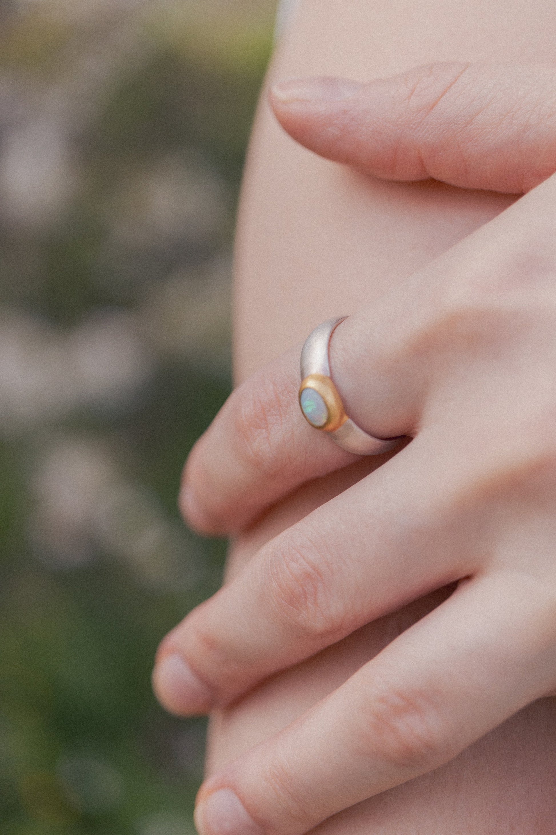 Australian opal ring, fair-mined opals, handmade artisanal Sterling silver ring with a thick gold-plating, high quality mixed metals jewelry