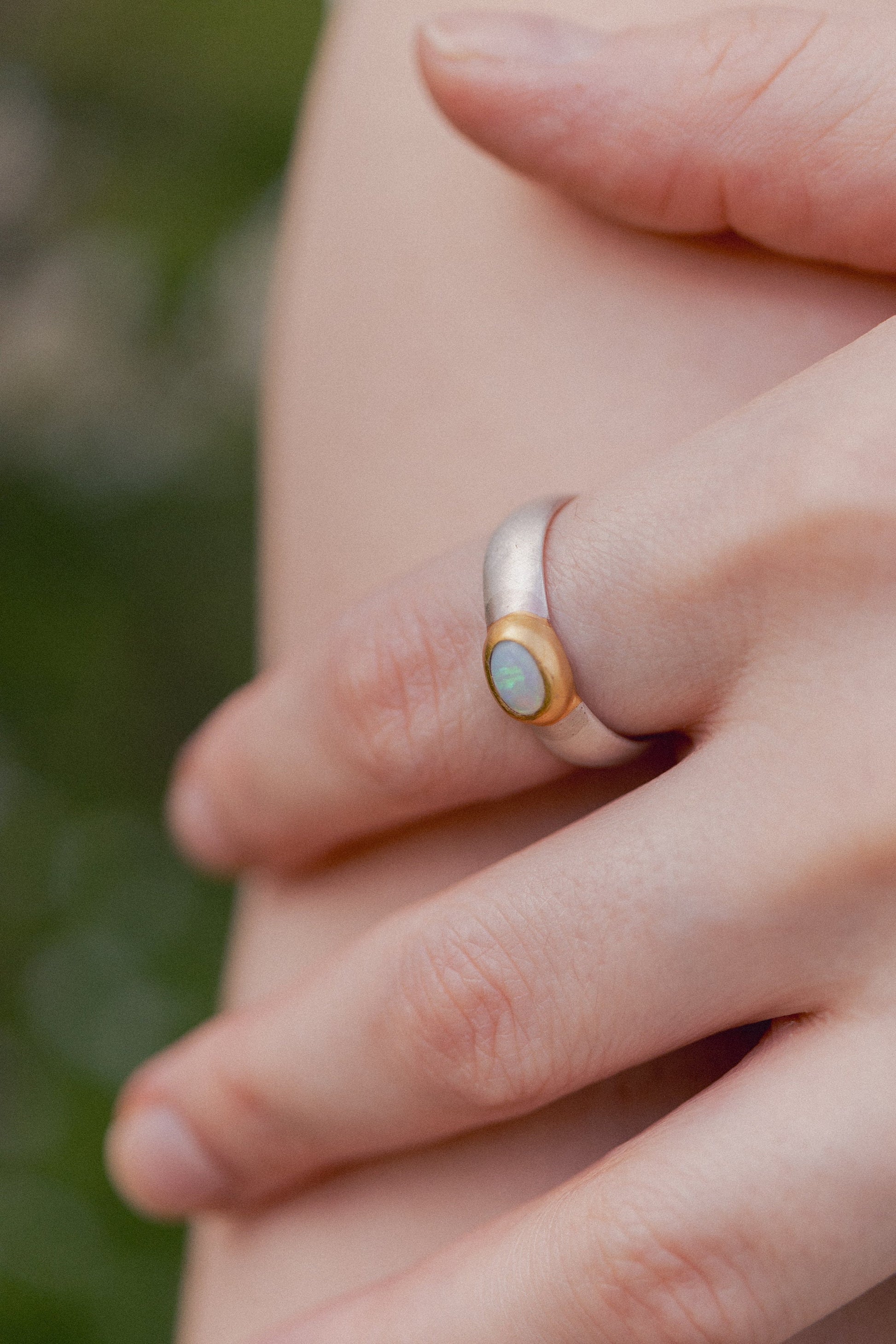 Australian opal ring, fair-mined opals, handmade artisanal Sterling silver ring with a thick gold-plating, high quality mixed metals jewelry