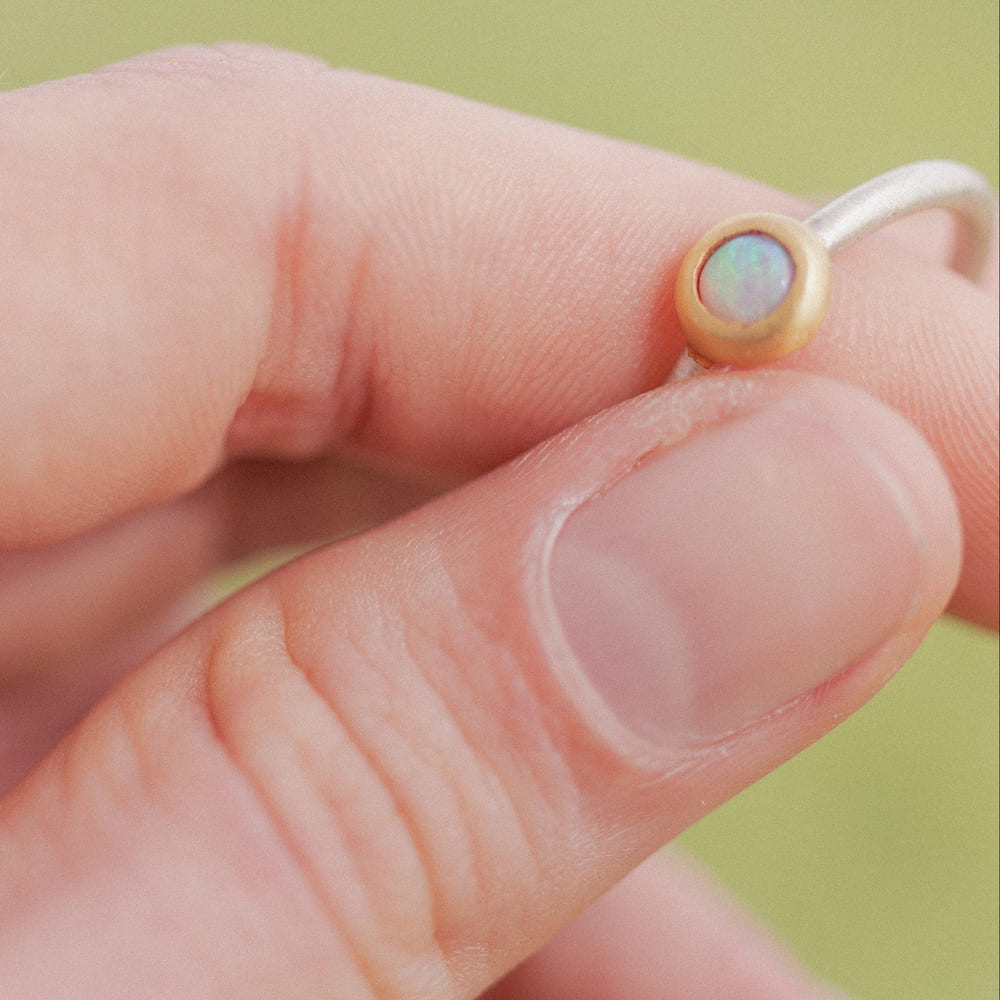 Australian opal ring, fair-mined opals, handmade artisanal Sterling silver ring with a thick gold-plating, high quality mixed metals jewelry