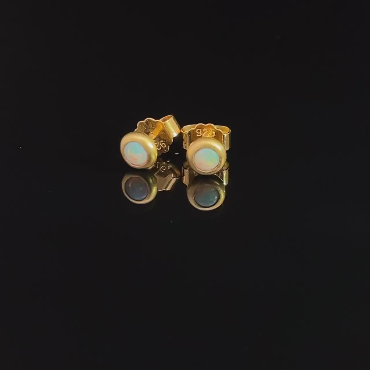 Australian opal stud earrings, fair-mined opals, handmade artisanal Sterling silver ear studs with a thick gold-plating