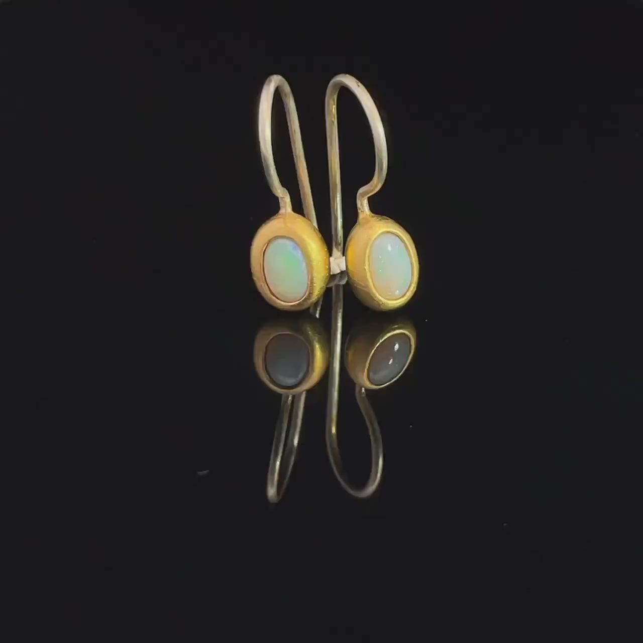 Australian opal earrings, fair-mined opals, handmade artisanal Sterling silver dangle earrings with a thick gold-plating