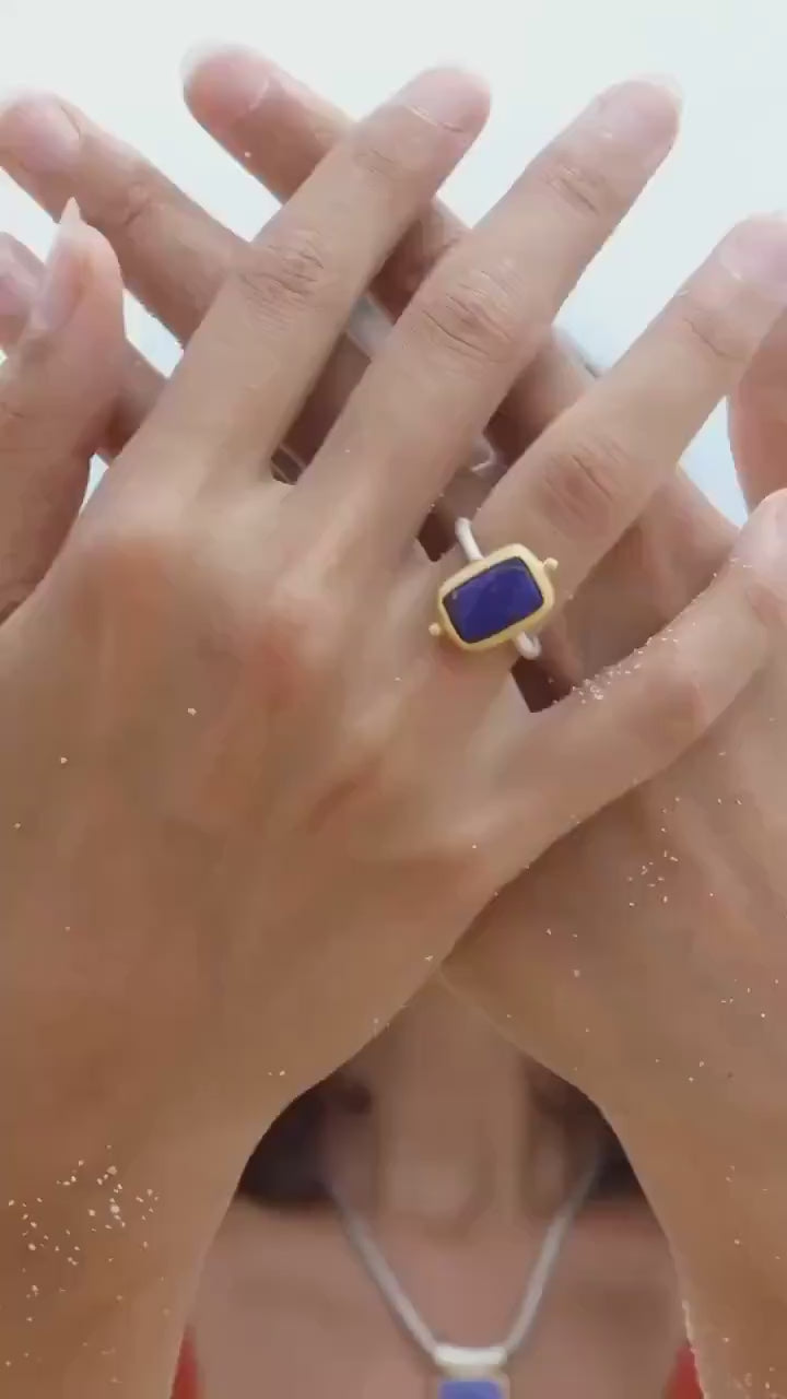 gold Lapislazuli Ring, handmade artisanal Sterling silver ring with a thick gold-plating, goddess Lapis Lazuli jewelry